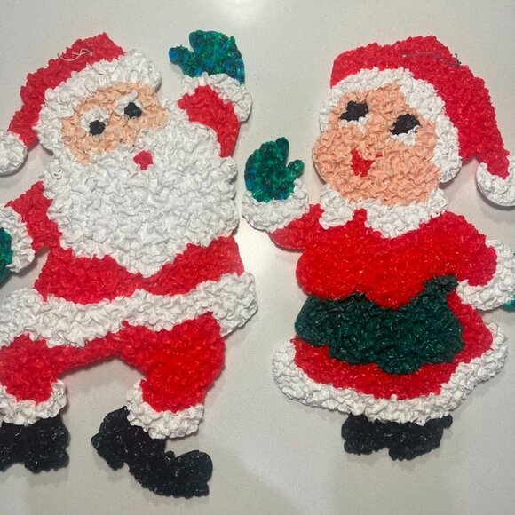 Retro 70s Popcorn Plastic Santa & Mrs. Claus Christmas Decorations New Condition - Picture 1 of 5